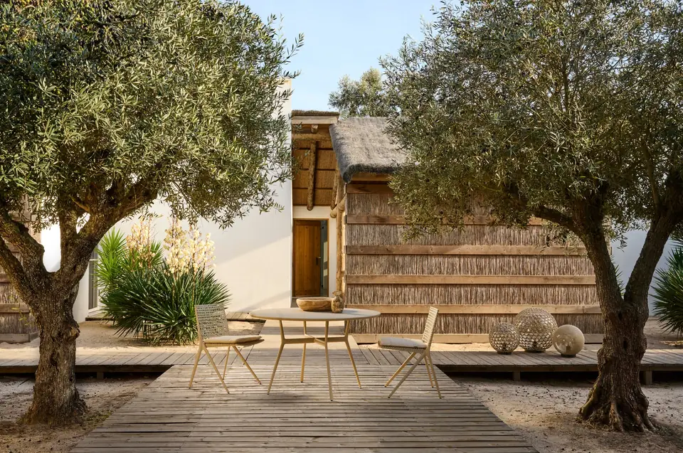 Tribù Branch armchairs with hand-woven backs and branching powder-coated legs in a garden
