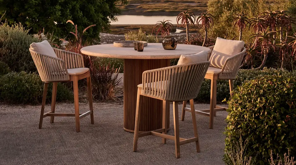 Tribù Mood lounge chairs in teak and hand-woven Tricord on a shaded terrace